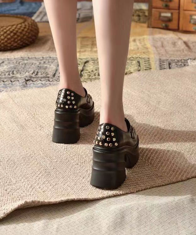 Chunky Platform Heels Black Cowhide Leather Rivet