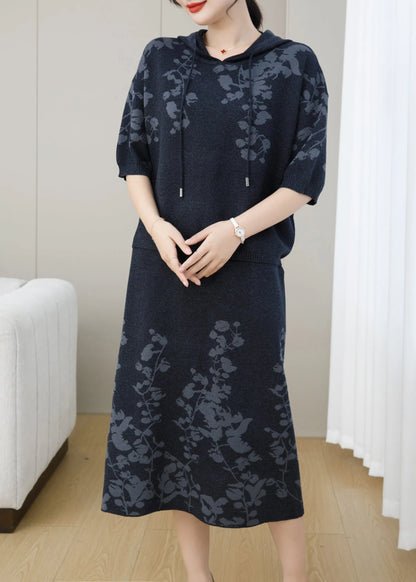 Navy Hooded Jacquard Patchwork Knit Two Piece Set Fall