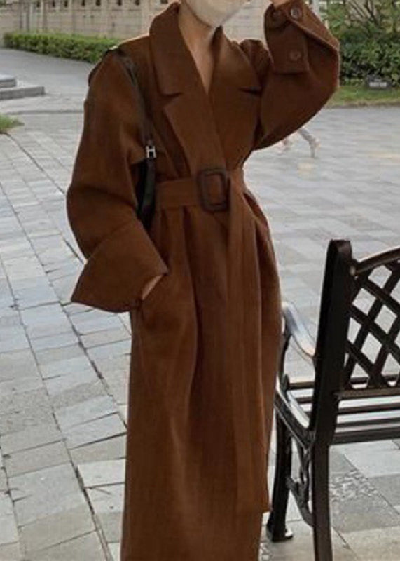 Brown Notched Pockets Sashes Trench Coat Spring