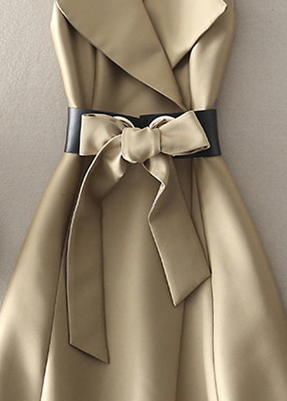 Khaki Peter Pan Collar Bow Cotton Dress Sleeveless Summer