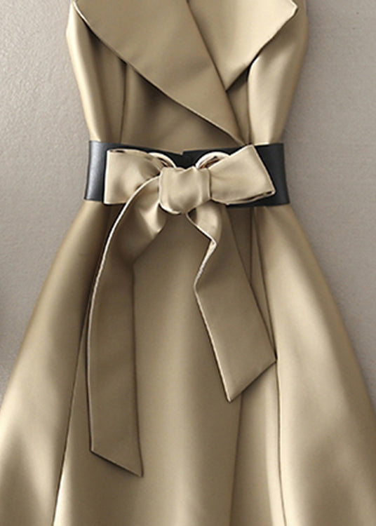 Khaki Peter Pan Collar Bow Cotton Dress Sleeveless Summer