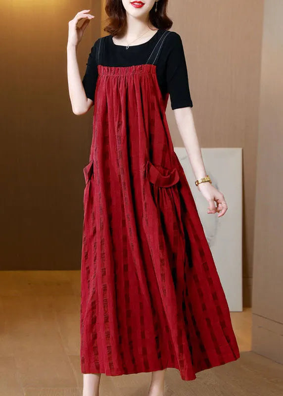 Red Striped Exra Large Hem Linen Strap Dress Two Pieces Set Summer