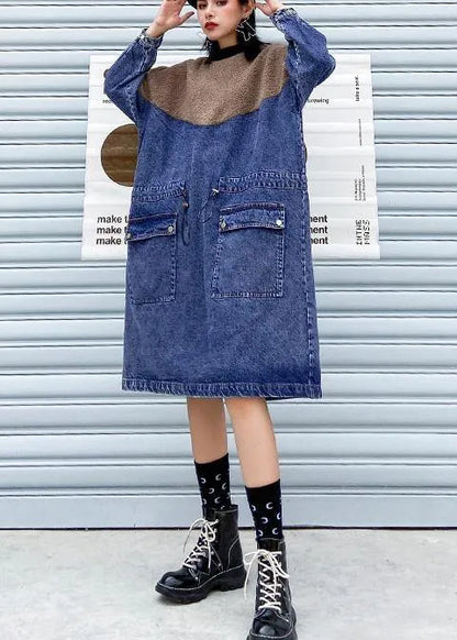 Vivid Denim Blue Clothes Patchwork Drawstring Robe Spring Dresses