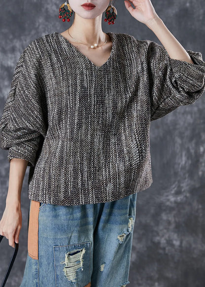 V Neck Oversized Cotton Blouse Tops Lantern Sleeve