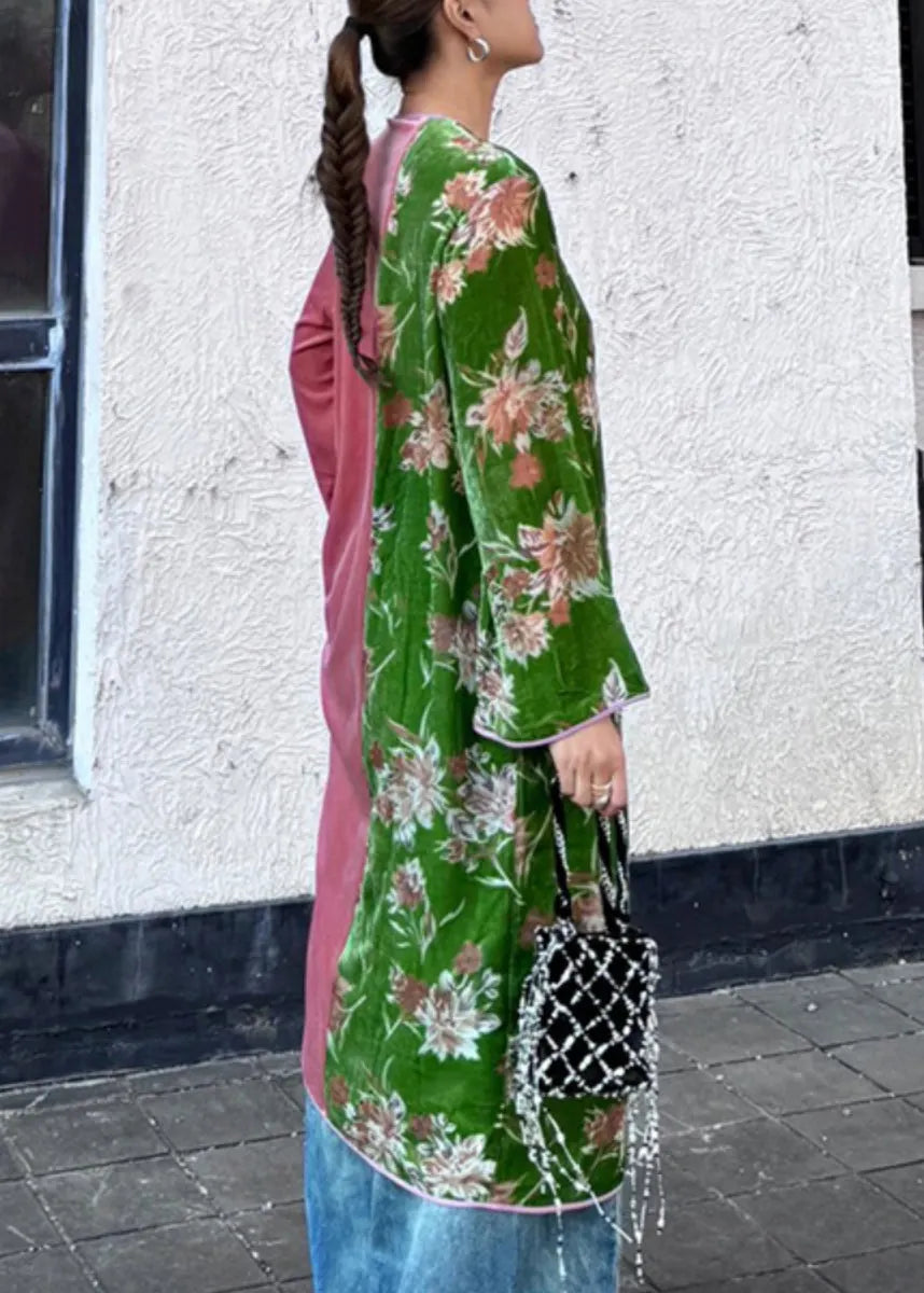 New Green Print Side Open Patchwork Silk Velour Dress Long Sleeve