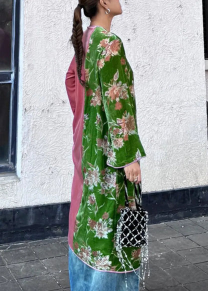 New Green Print Side Open Patchwork Silk Velour Dress Long Sleeve