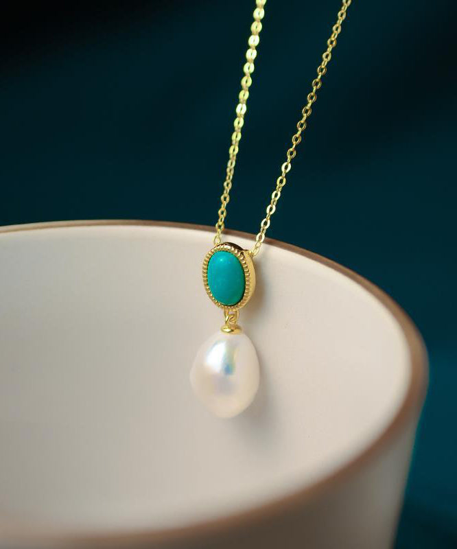 Gold Sterling Silver Overgild Turquoise Pearl Pendant Necklace