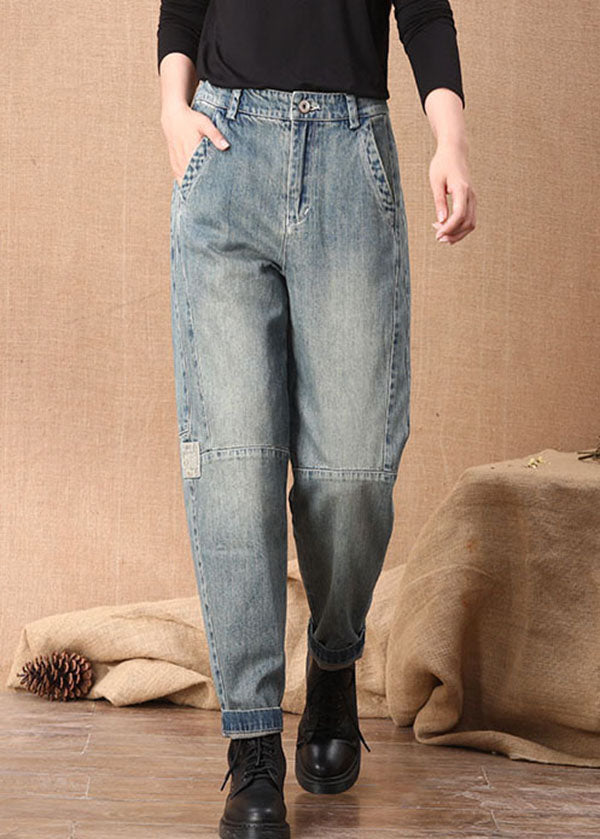 Blue High Waist Button Pockets Patchwork Cotton Denim Pants Summer