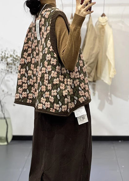 Coffee O-neck Jacquard Loose Knit Vest Spring