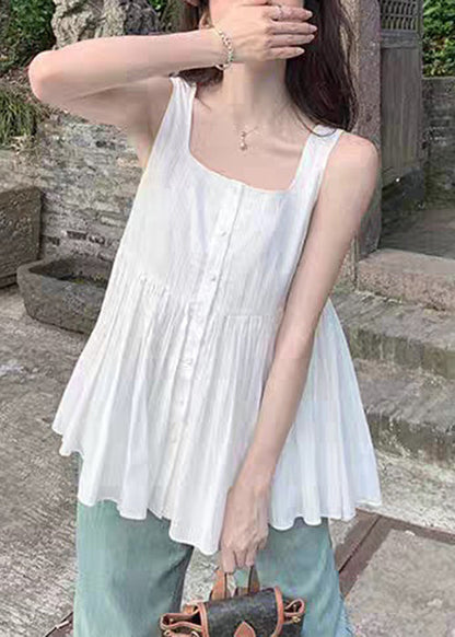 White Square Collar Wrinkled Cotton Shirt Sleeveless