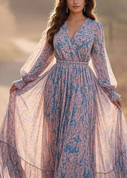 Blue Patchwork Tunic Chiffon Long Dresses Lantern Sleeve