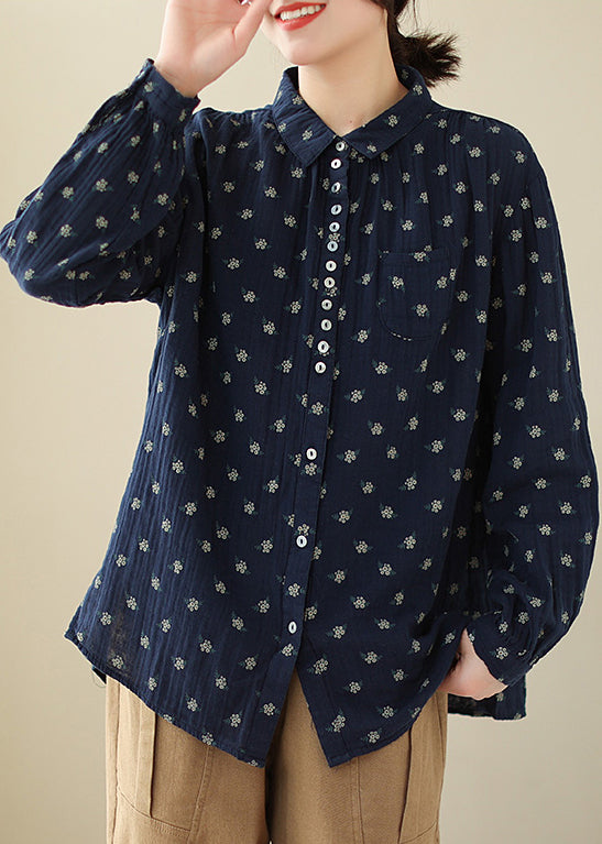 Navy Button Print Cotton Shirts Long Sleeve
