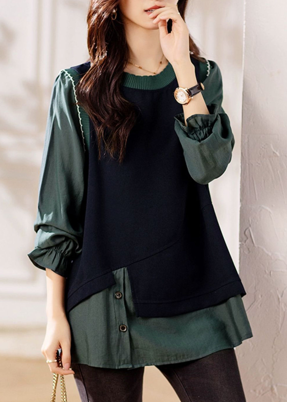 Green Ruffled Knit Patchwork False Two Pieces Top Fall