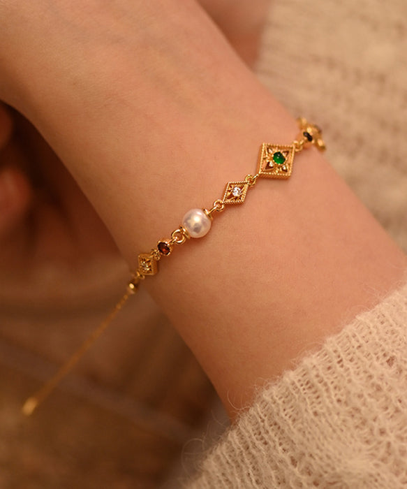 Geometric Pearl Gem Stone Adjustable Gold Plated Bracelet