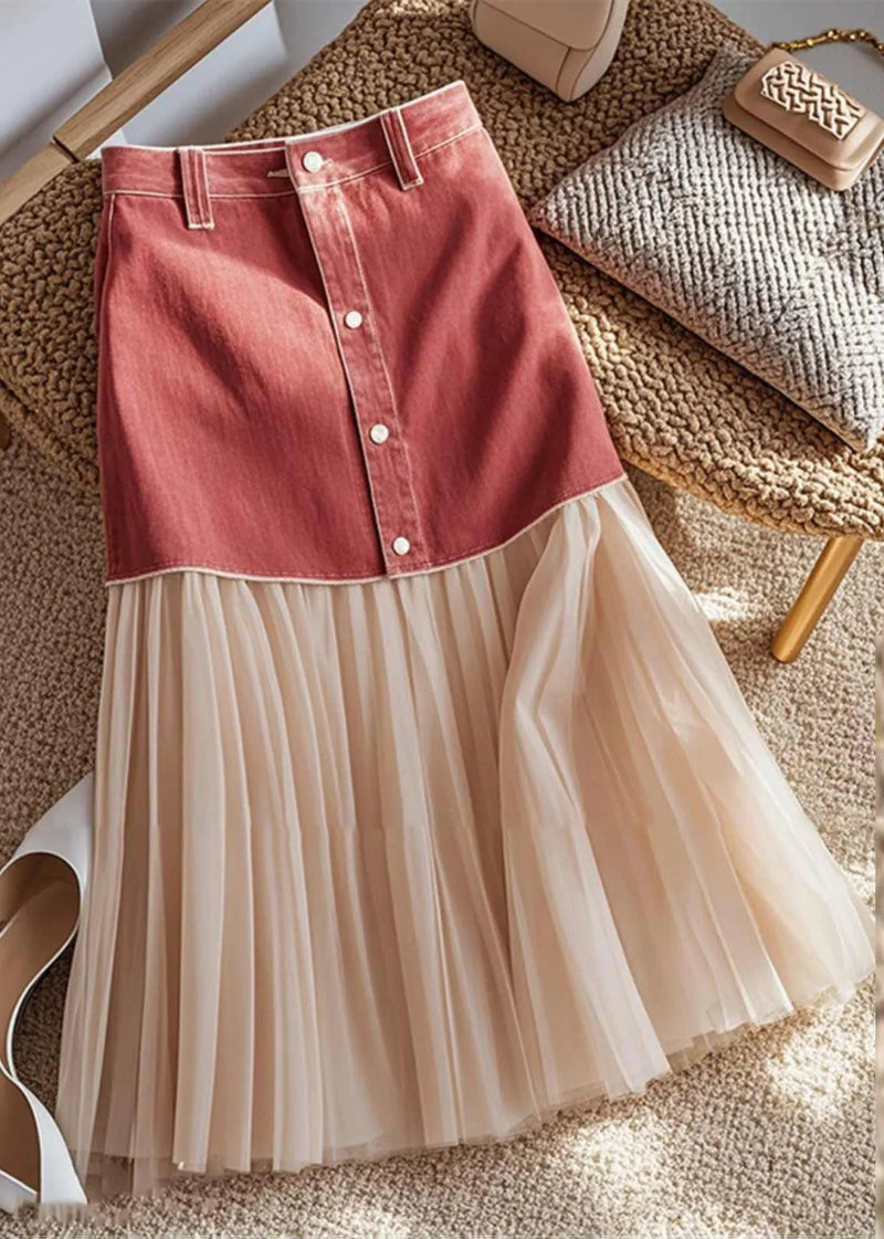 Art Colorblock Patchwork Button High Waist Maxi Skirt Fall