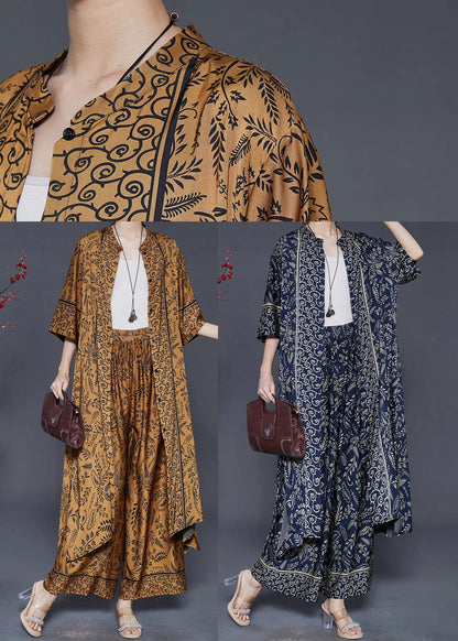 Brown Oversized Print Silk Two Pieces Set Summer