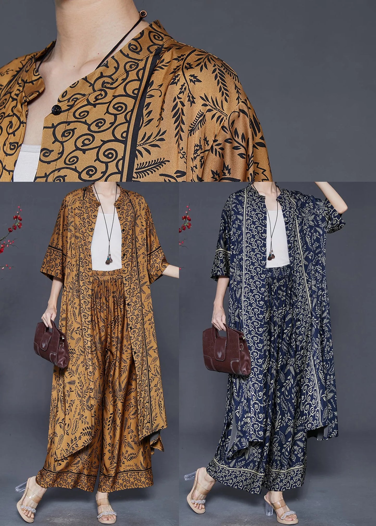 Navy Print Silk Two Piece Set Clothing Oversized Summer