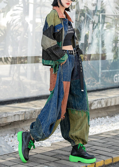 Vogue Colorblock Peter Pan Collar Button Patchwork Denim Coats and Harem Pants Two Pieces Set Long Sleeve