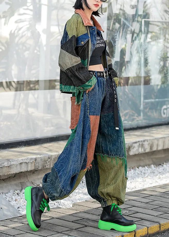 Vogue Colorblock Peter Pan Collar Button Patchwork Denim Coats and Harem Pants Two Pieces Set Long Sleeve