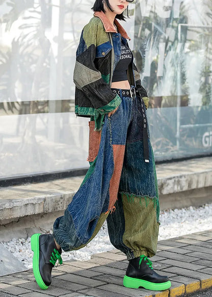 Vogue Colorblock Peter Pan Collar Button Patchwork Denim Coats and Harem Pants Two Pieces Set Long Sleeve
