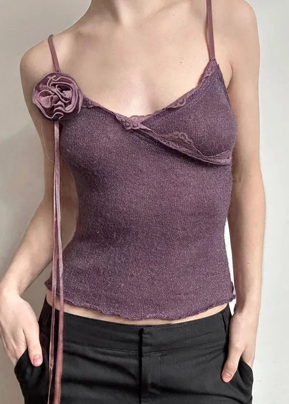 Slim Fit Purple Lace Knitting Cotton Spaghetti Strap Vest Sleeveless