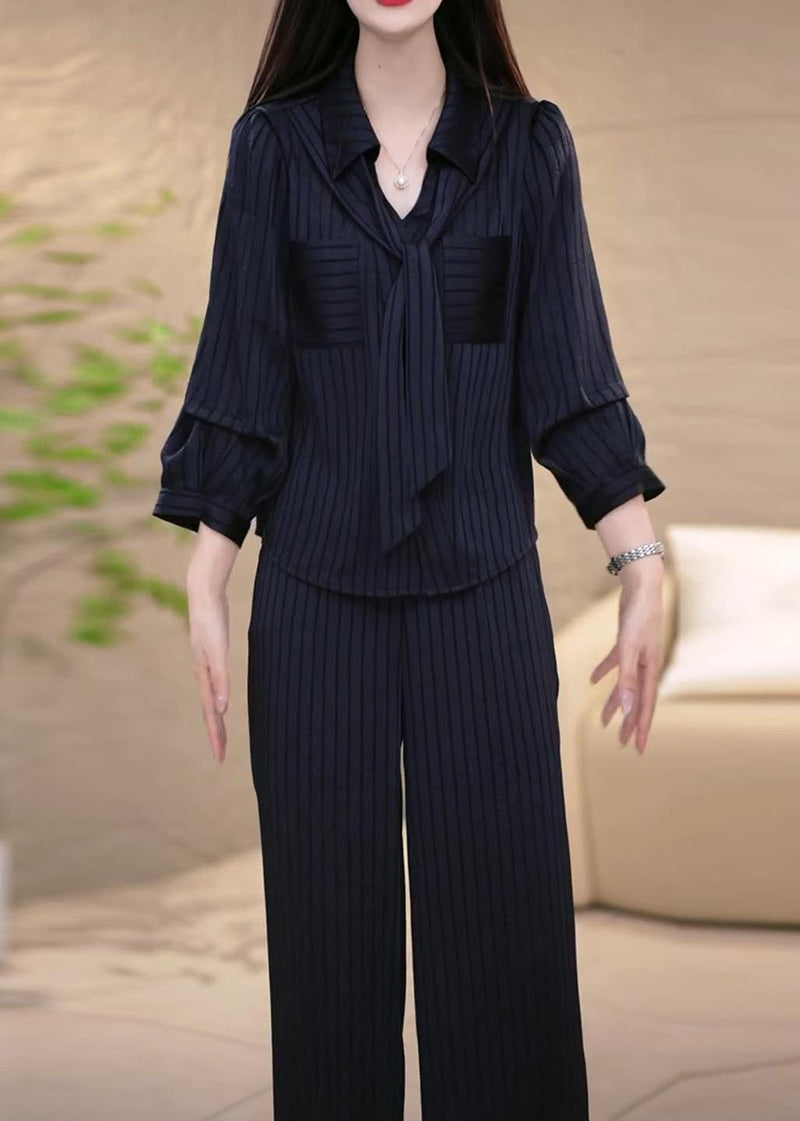 Navy Striped Draping Spandex Two Pieces Set Fall