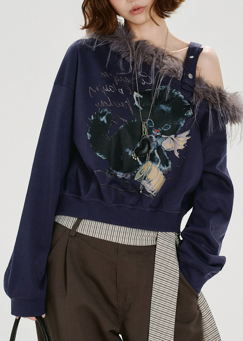 Navy Print Fur Collar Patchwork Cotton Tops Spring