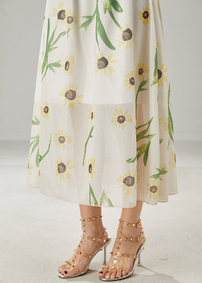 White Bamboo Print Linen Skirts Summer