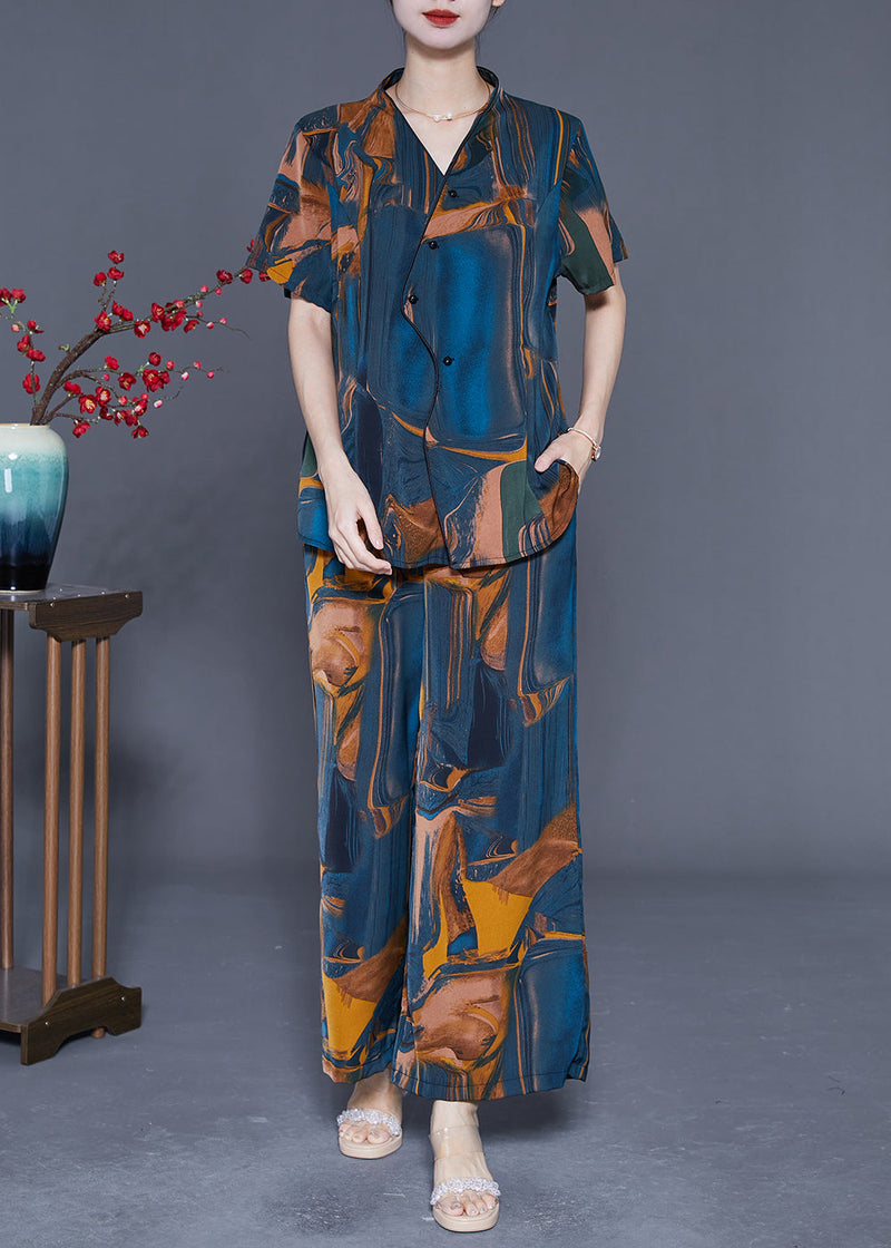 Navy V Neck Asymmetrical Print Silk Two Pieces Set Summer