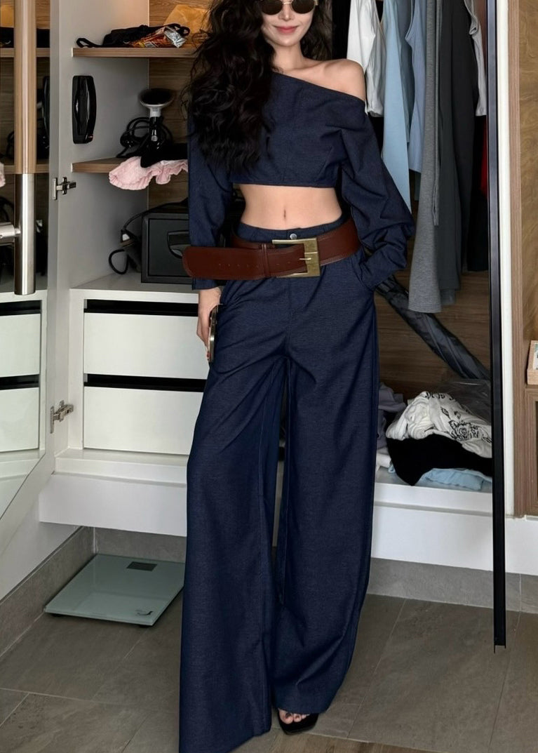 Navy One Shoulder Denim Two Piece Suit Set Summer