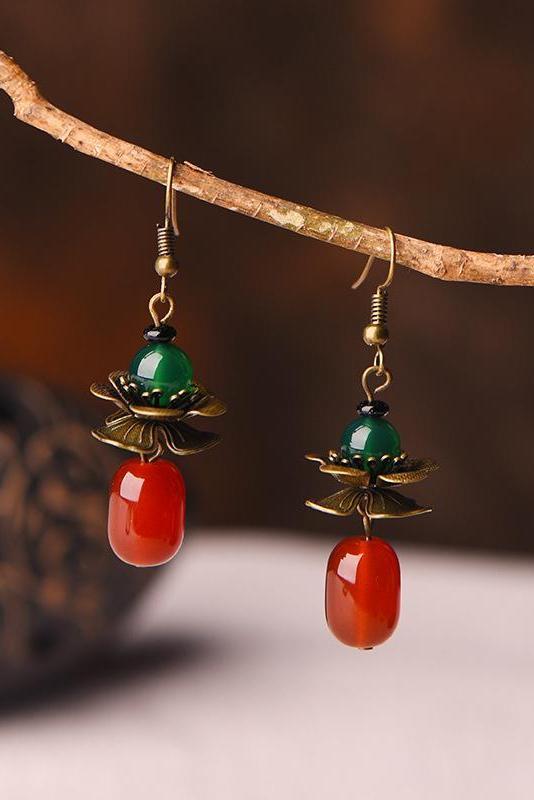 Retro Alloy Flower Red Agate Earrings