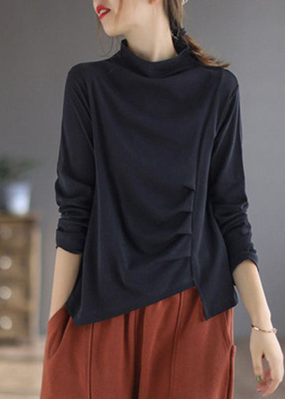 Blue Turtleneck Asymmetrical Design Patchwork Fall Tops