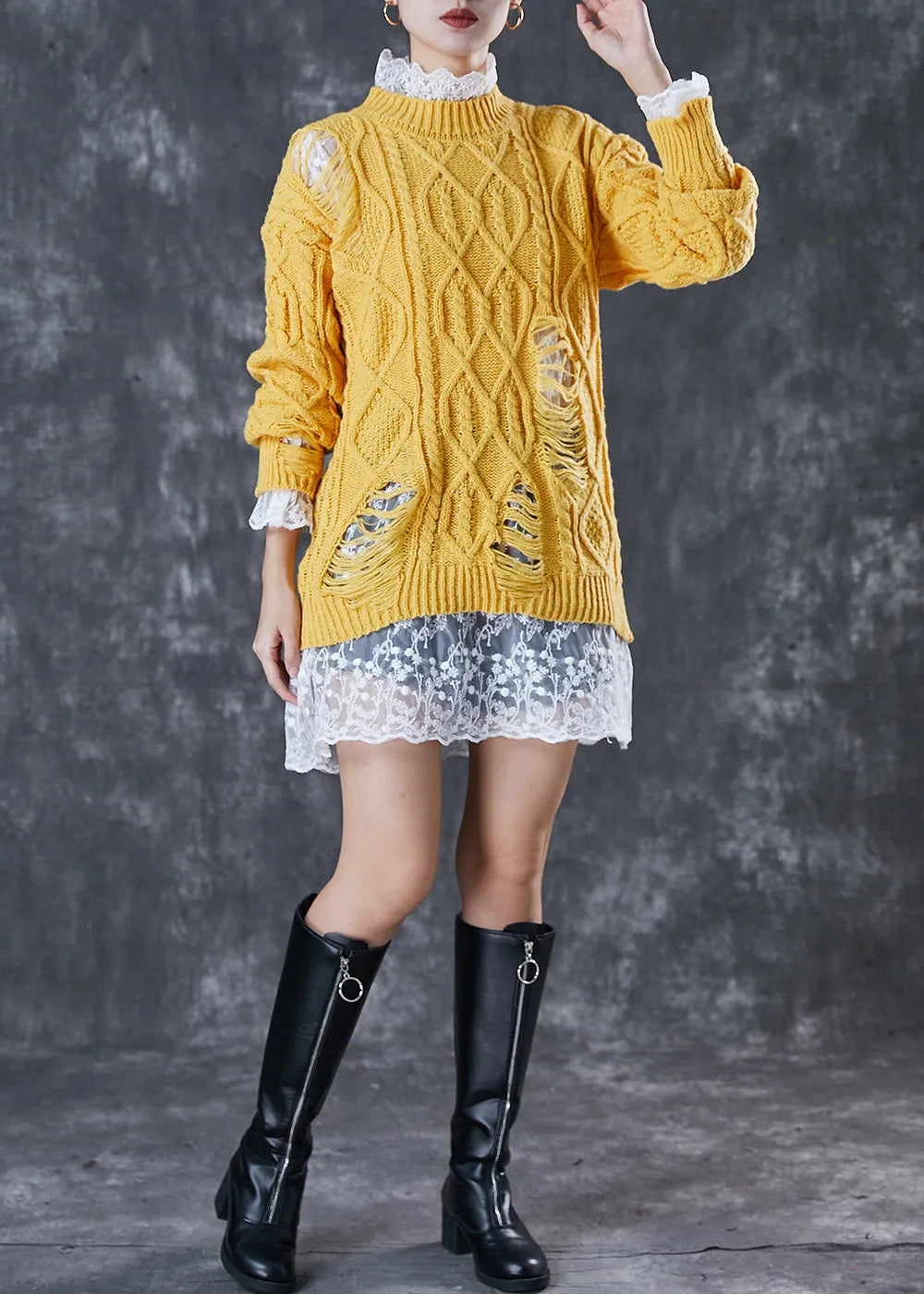 Modern Yellow Thick Knit Ripped Sweater and Lace Dress Two Pieces Set Winter