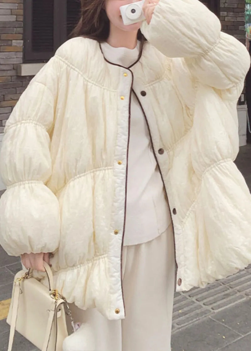 Loose Beige O Neck Button Pockets Duck Down Down Coat Lantern Sleeve