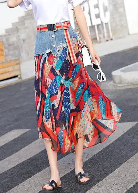 Yellow Print Chiffon Skirts Patchwork Denim Summer