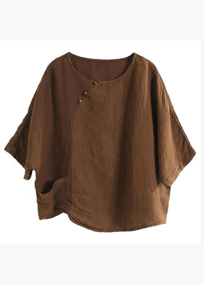 Versatile Coffee O Neck Linen T Shirts Half Sleeve