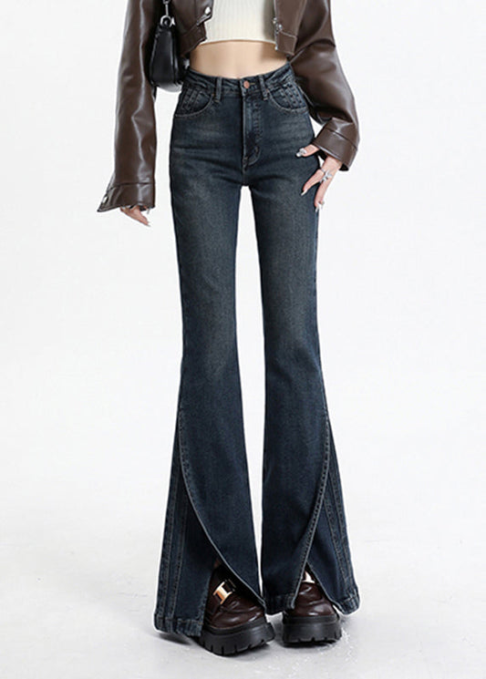 Blue Asymmetrical Pockets Patchwork High Waist Denim Flared Trousers Spring