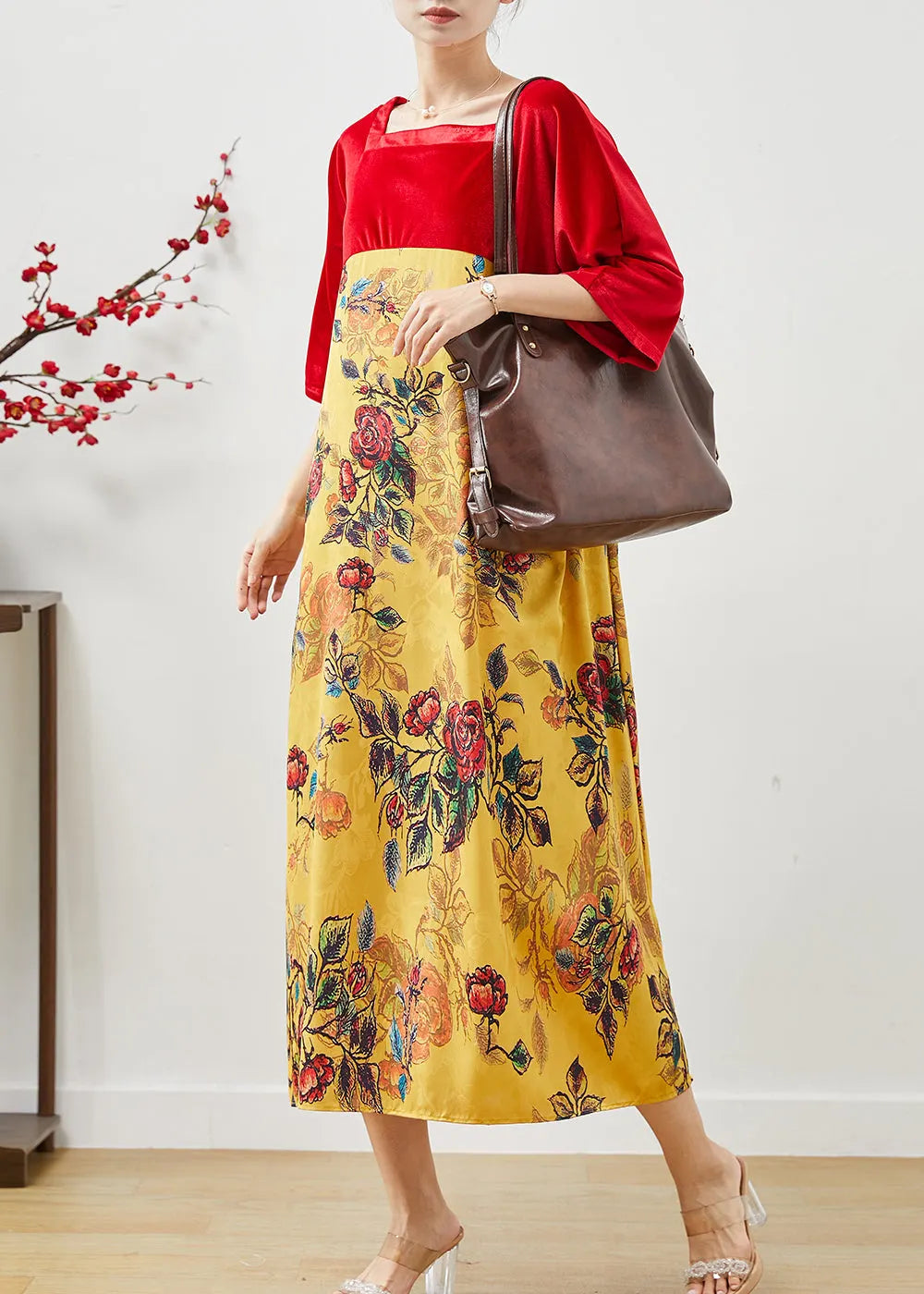 Stylish Colorblock Square Collar Patchwork Silk Velour Dress Summer