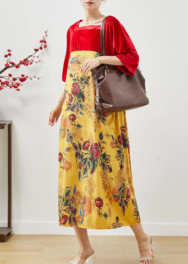 Stylish Colorblock Square Collar Patchwork Silk Velour Dress Summer