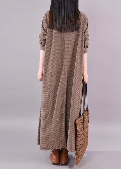 Coffee O Neck Plaid Patchwork Cotton Long Dress Fall