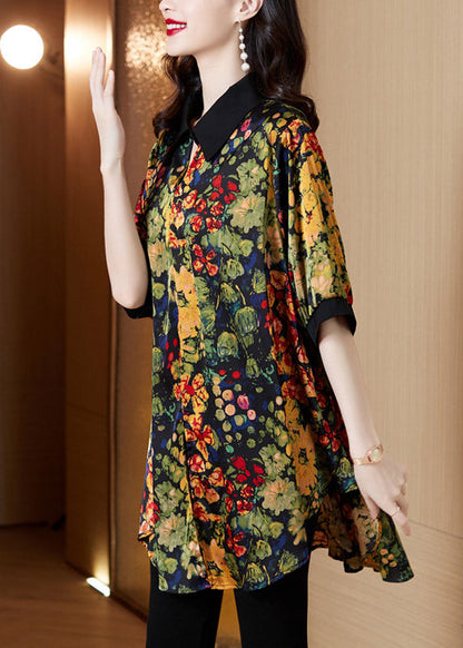 Peter Pan Collar Print Button Low High Design Shirts Short Sleeve