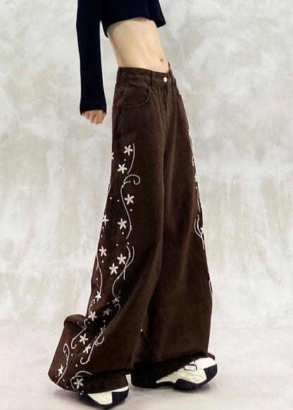 Brown Oversized Print Denim Wide Leg Pants Spring
