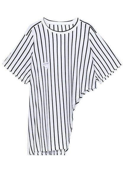Stylish Black Striped Summer Asymmetrical Design Short Sleeve Tops