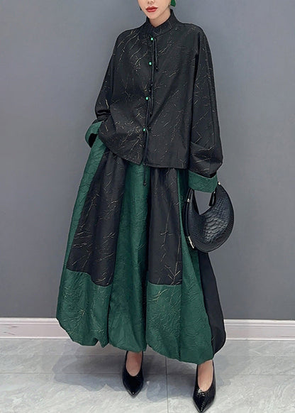 Black Green Stand Collar Tasseled Patchwork Cotton Two Piece Set Fall