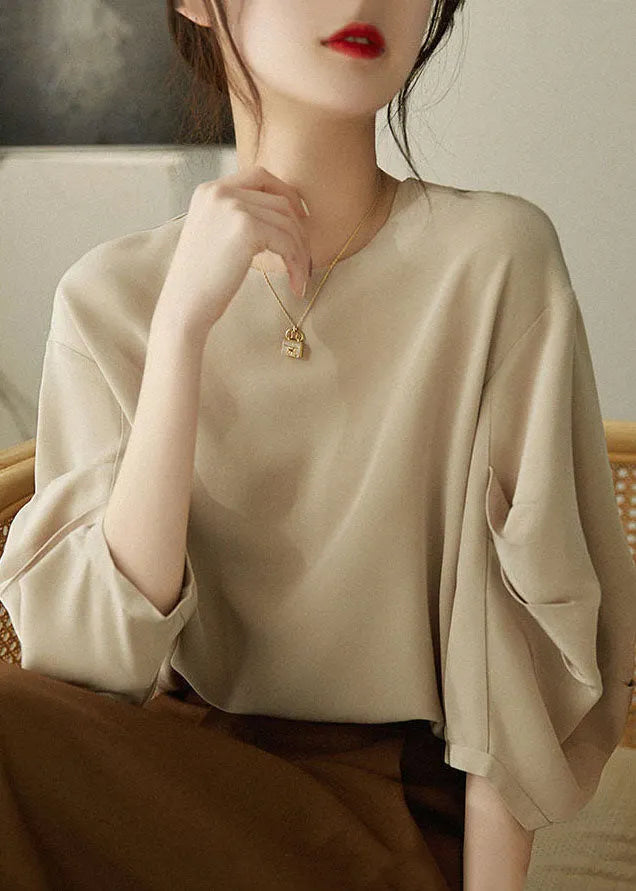 Khaki O-neck Cinched Chiffon Shirt Tops Lantern Sleeve