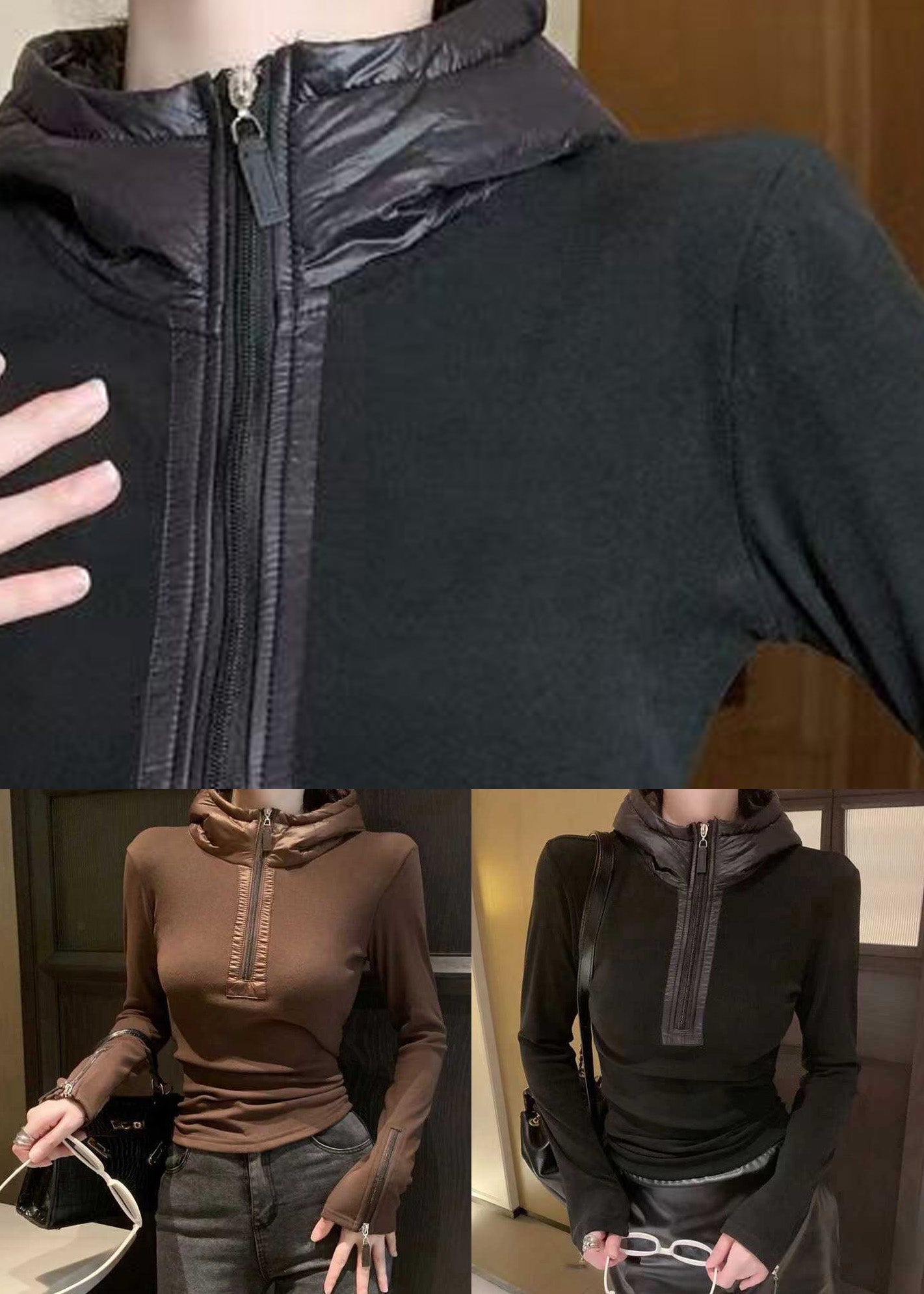 Slim Fit Black Hooded Zippered Cotton T Shirts Top Winter