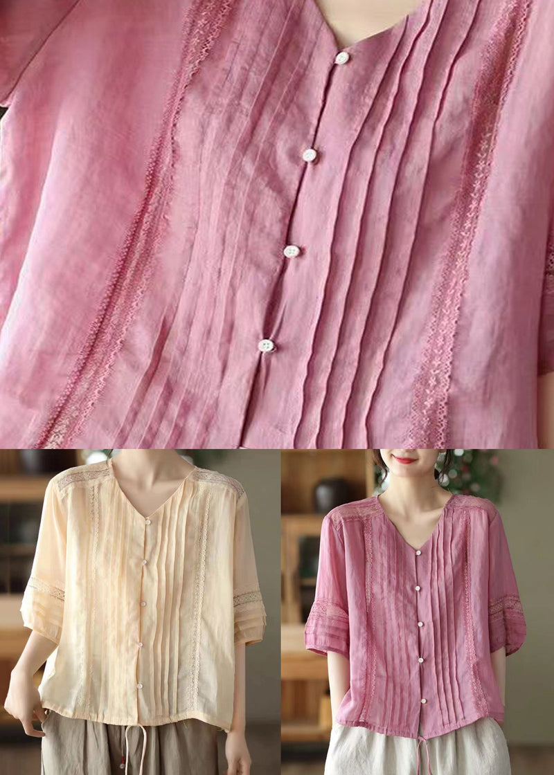 Rose V Neck Wrinkled Patchwork Linen Shirt Top Summer