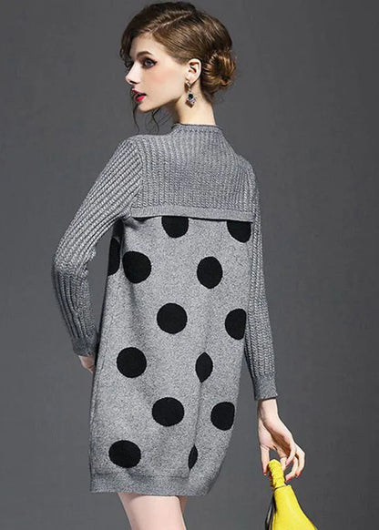 Diy Grey Turtle Neck Dot Print Long Knit Dress Long Sleeve
