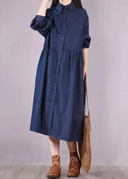 French Navy Peter Pan Collar Button Pockets Fall Long Sleeve Denim Dress