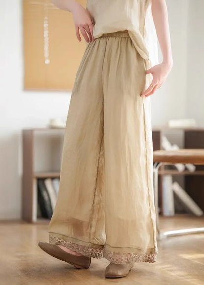 New Black Lace Patchwork Elastic Waist Linen Wide Leg Pants Summer